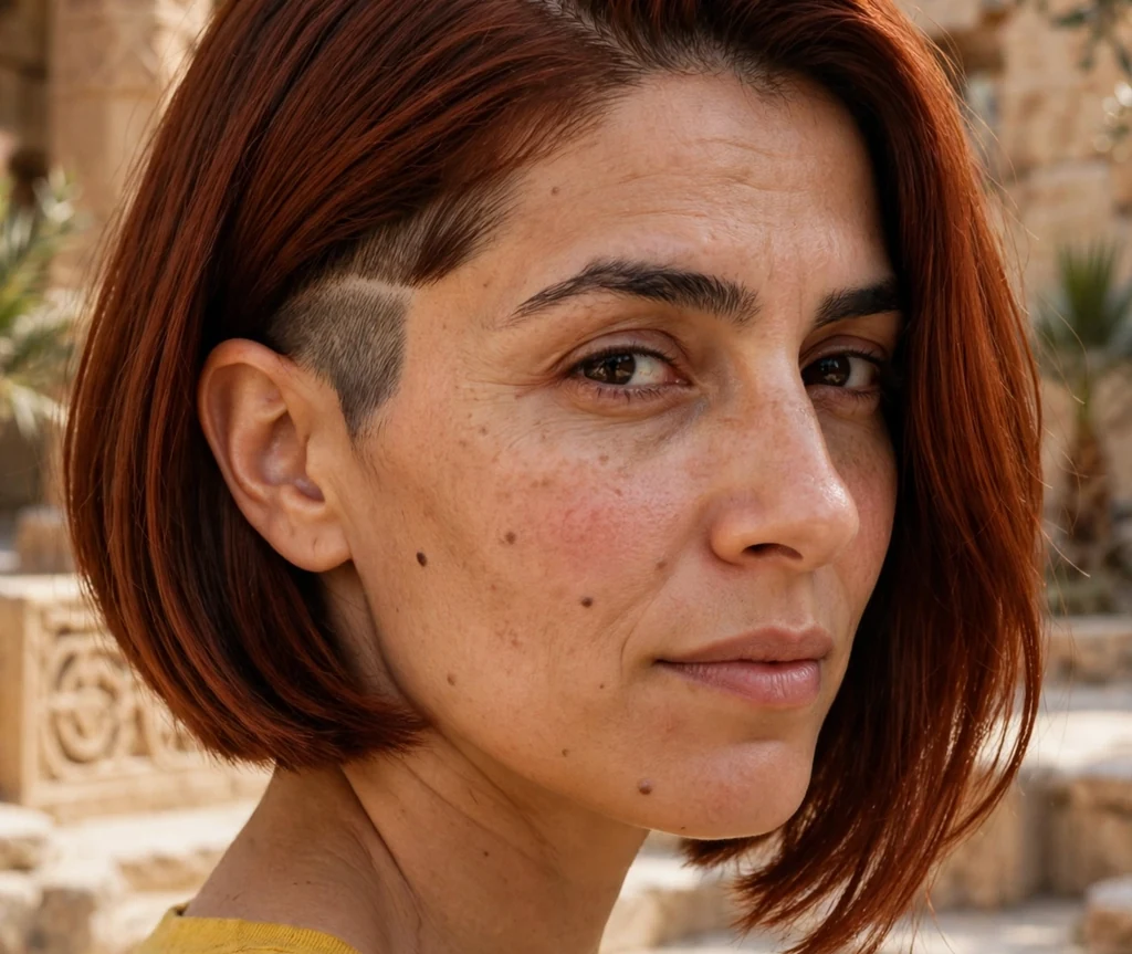 An auburn undercut bob with a deep side part on a woman in a mustard top in a temple courtyard