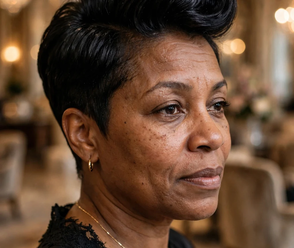 A short jet-black pompadour pixie on a woman in a black evening dress in a hotel lobby