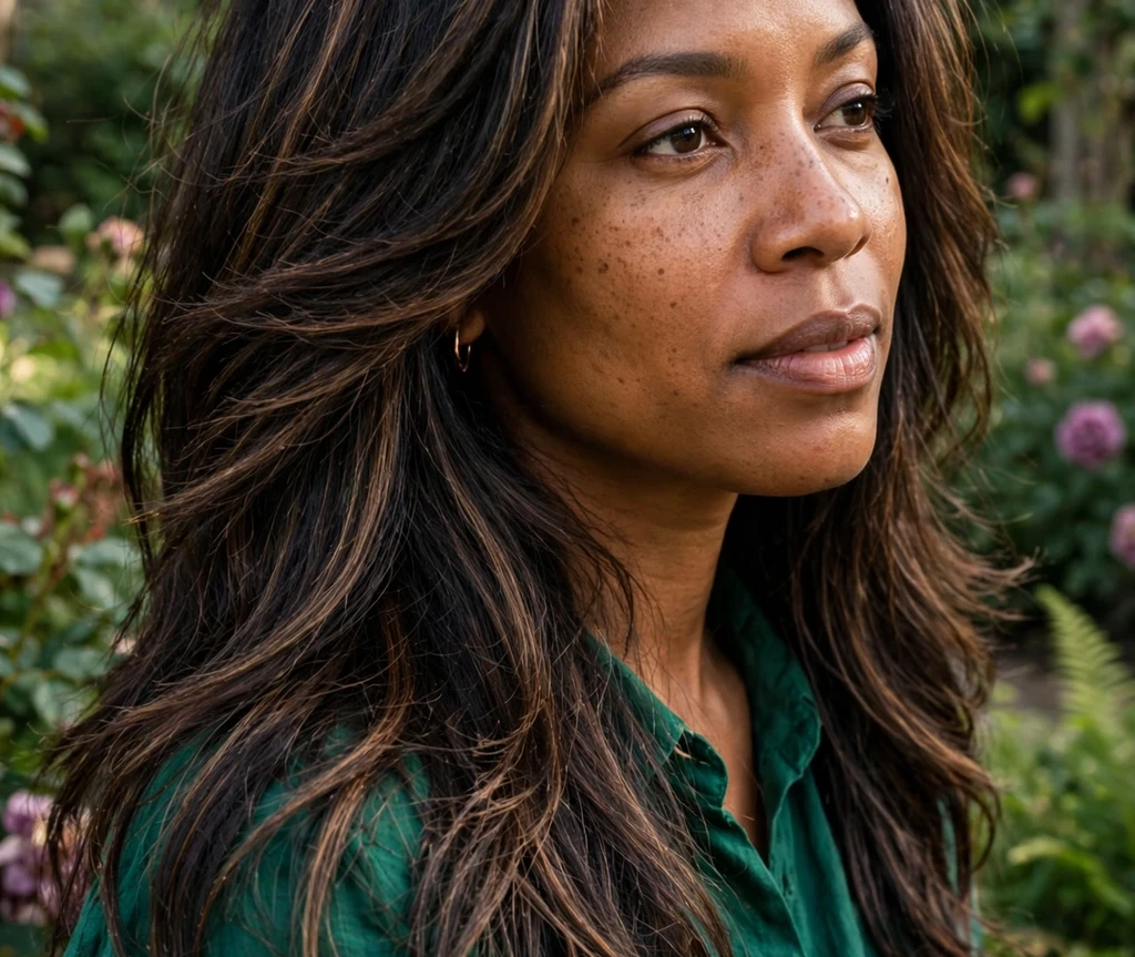 Long layered dark hair with espresso balayage highlights in a garden