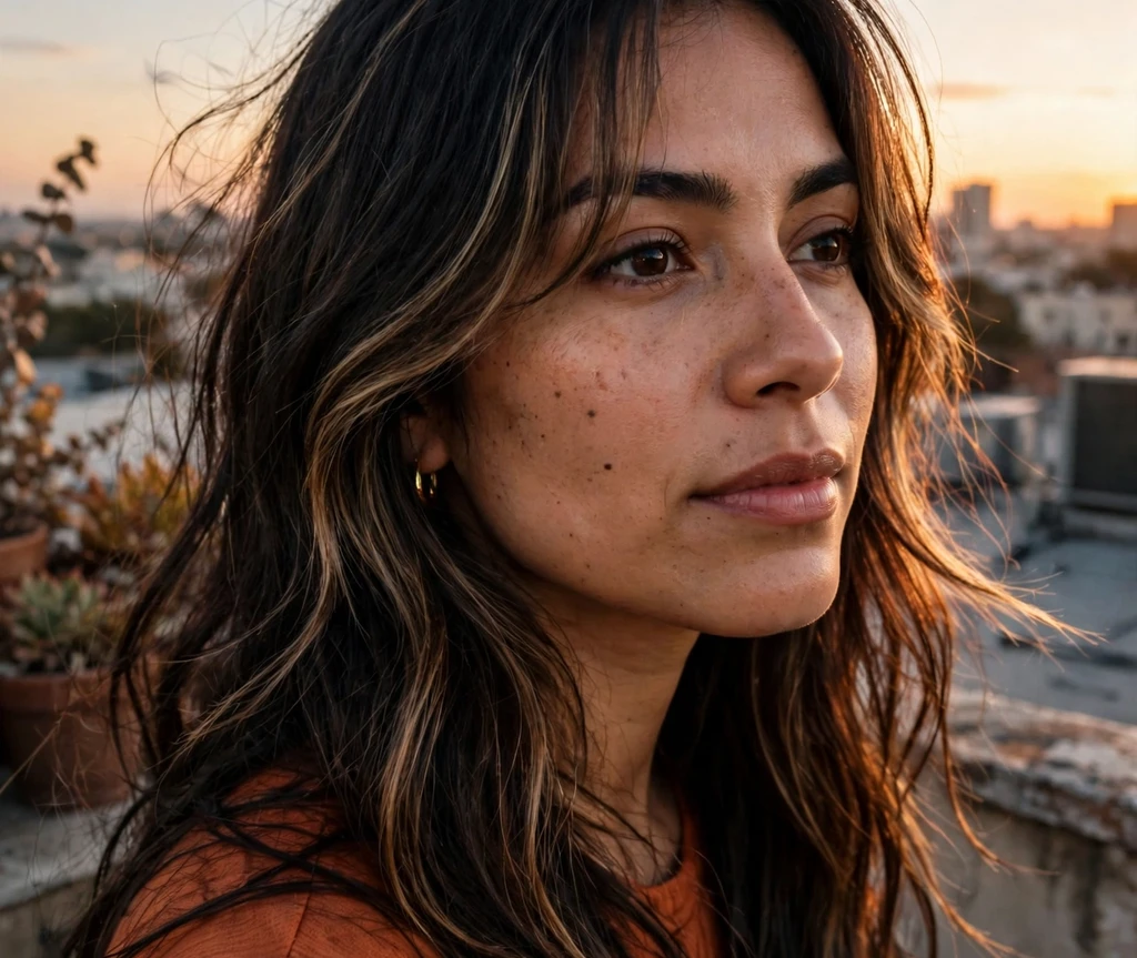 Face-framing espresso highlights on long dark hair at sunset