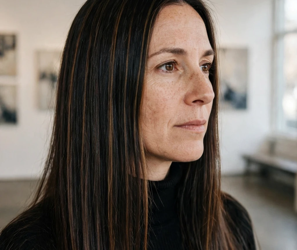 Sleek straight dark hair with espresso ribbon highlights