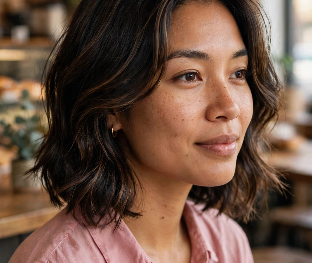 Classic lob with soft espresso highlights on dark hair