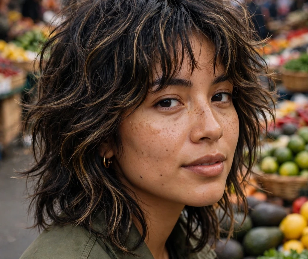 Shaggy layered cut with espresso highlights on dark hair
