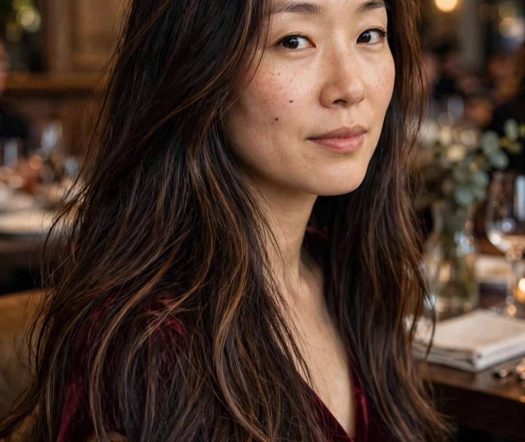 Long dark hair with deep espresso foilyage highlights