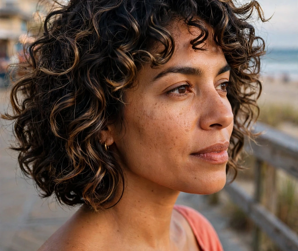 Curly bob with espresso highlights on dark hair