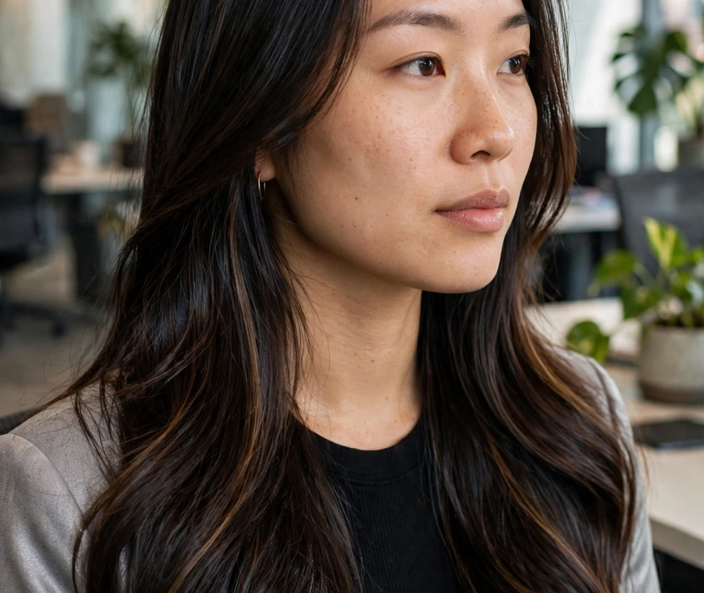 Ultra-glossy glass hair with espresso highlights on dark hair