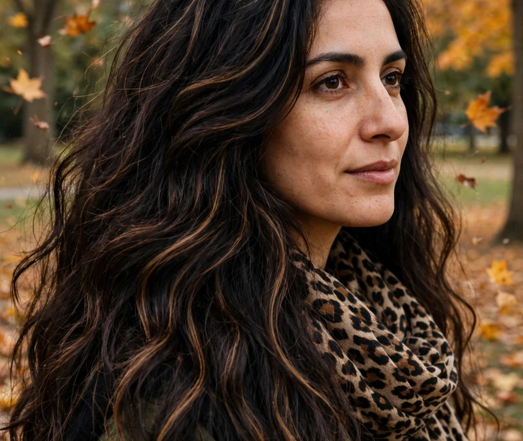 Thick dark hair with chunky espresso highlight streaks