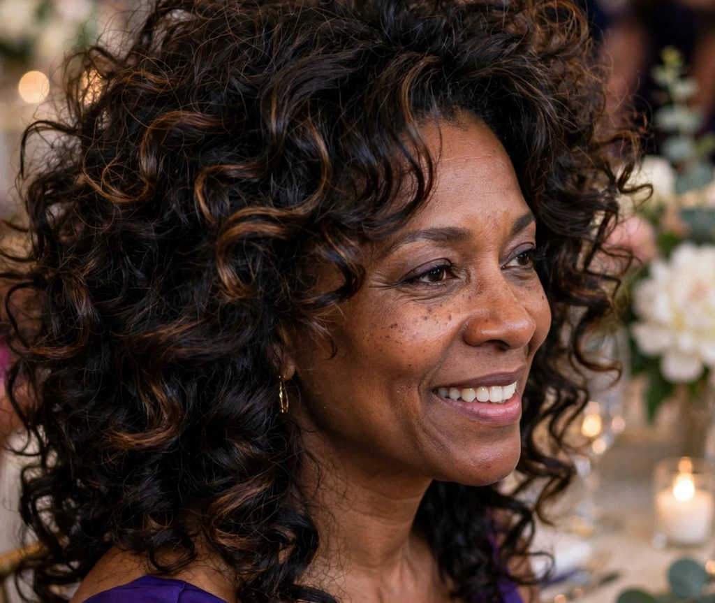 Big voluminous curls with espresso highlights on dark hair