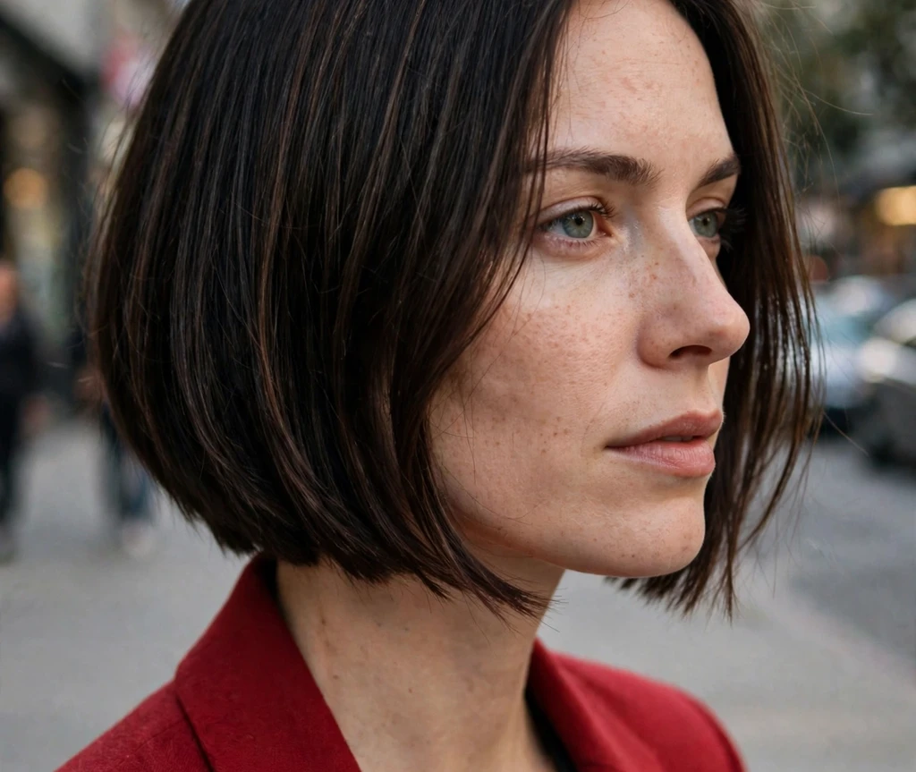 A-line bob with espresso highlights on dark hair