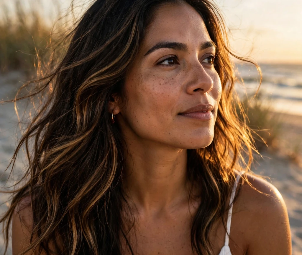 Sun-kissed espresso highlights on long wavy dark hair