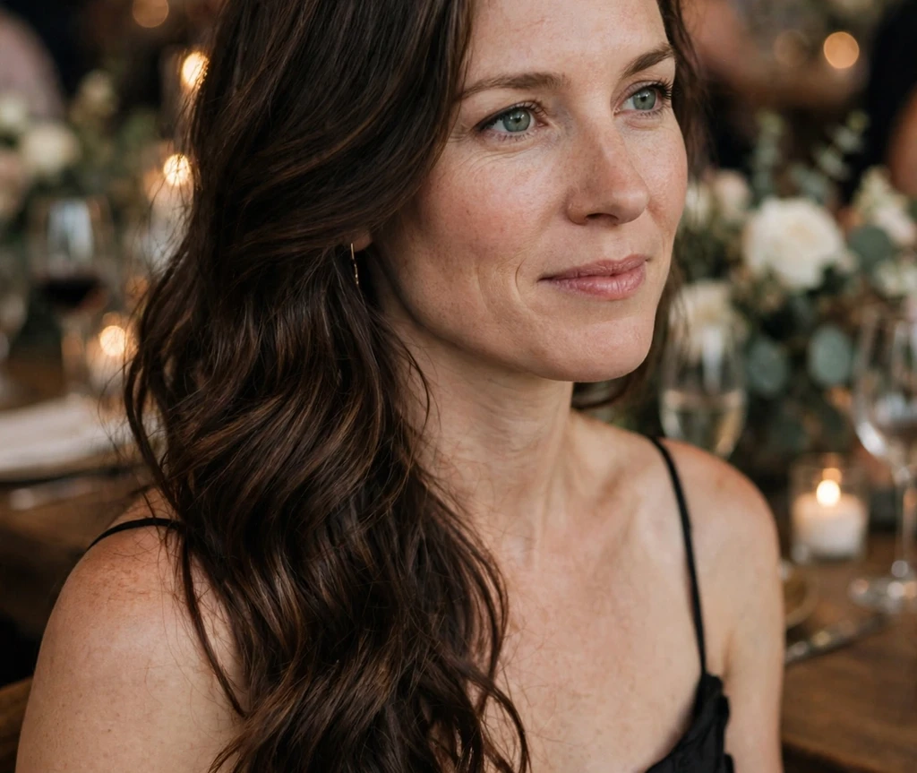 Side-swept dark hair with espresso highlights