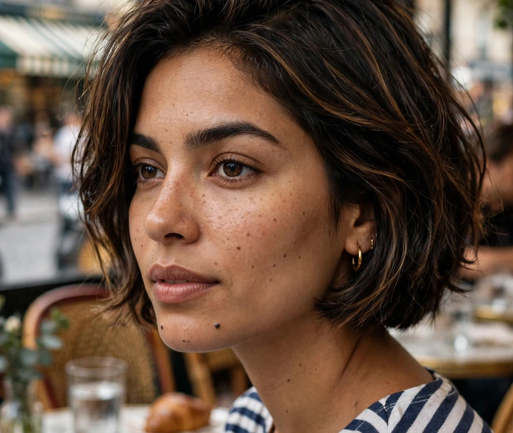French bob with espresso highlights on dark hair