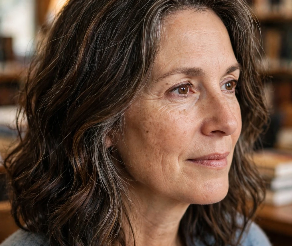 Espresso highlights softly blending early grays on dark hair