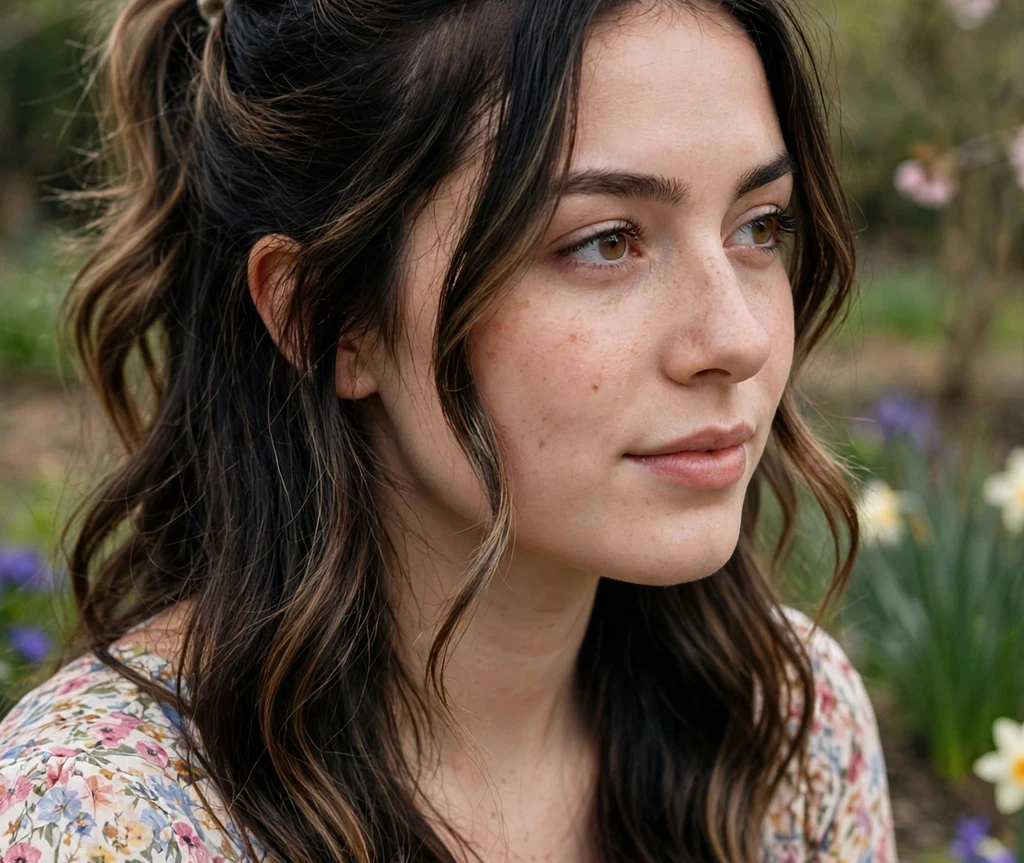 Half-up hairstyle with espresso highlights on dark hair