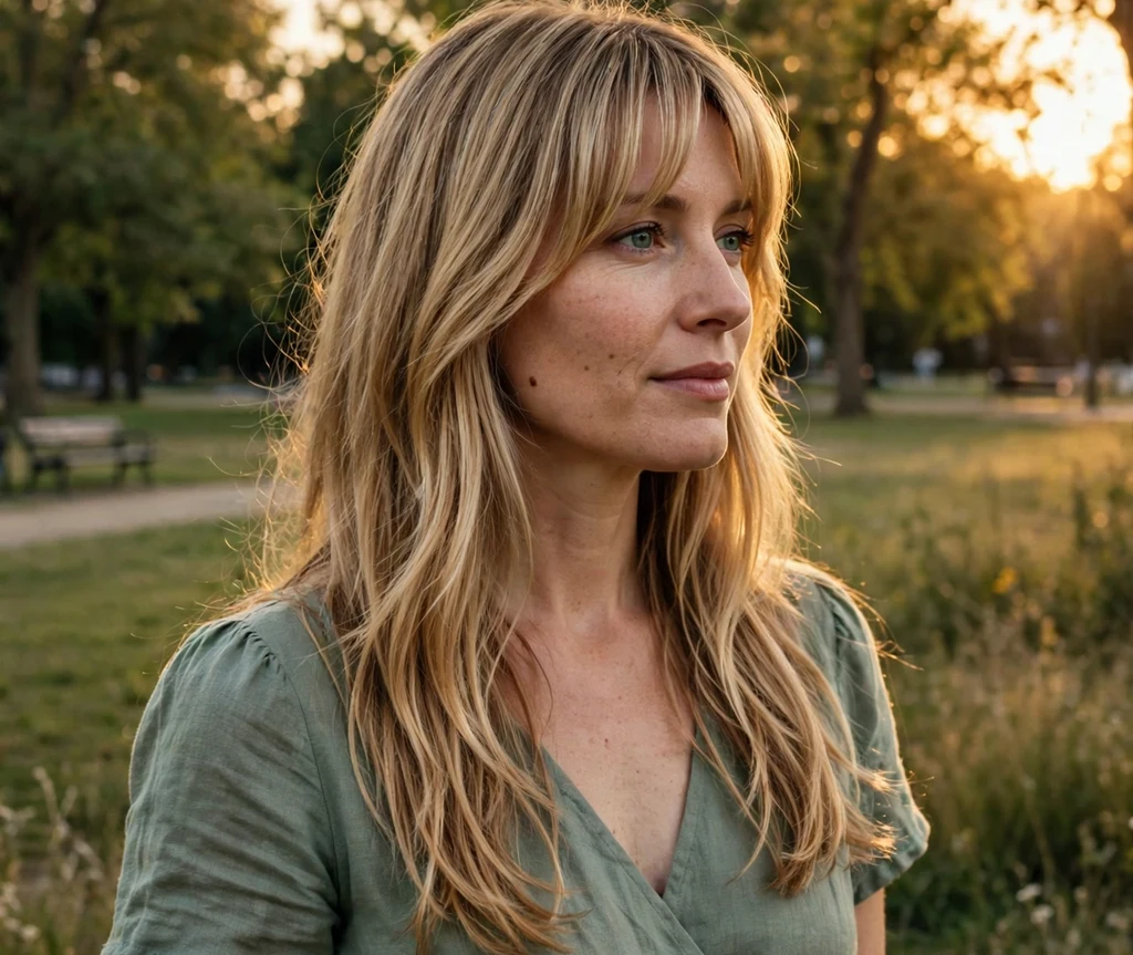 Woman with classic center parted curtain bangs and long honey blonde layered hair in a park