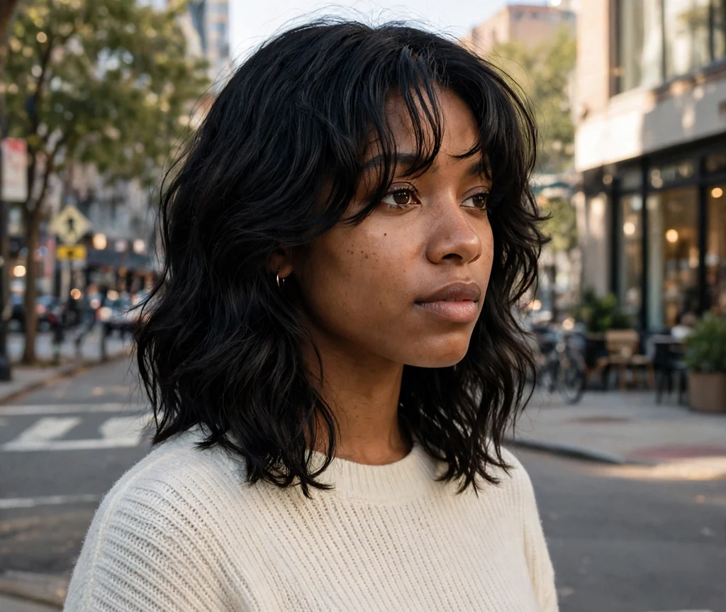 Woman with wispy curtain bangs on a textured black lob hairstyle on a city street