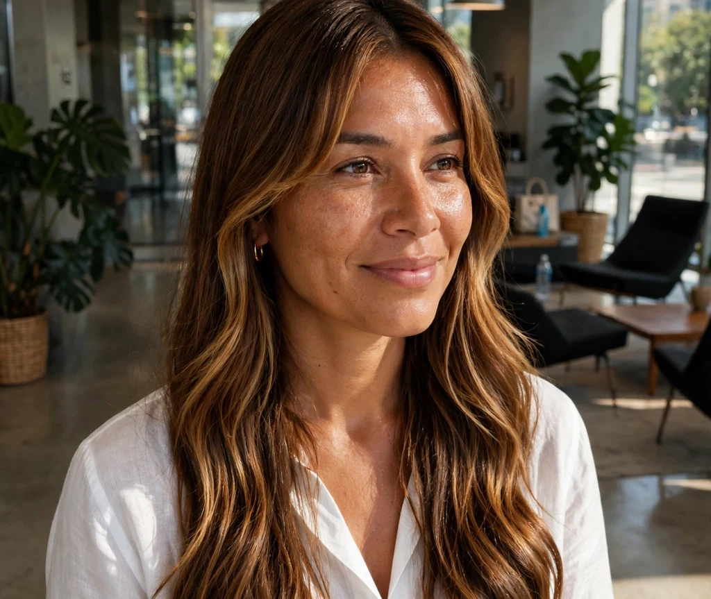Woman with curtain bangs and sun kissed face framing highlights in an office lobby