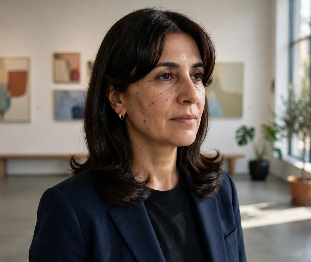 Woman with sleek blowout curtain bangs in a navy blazer at an art gallery