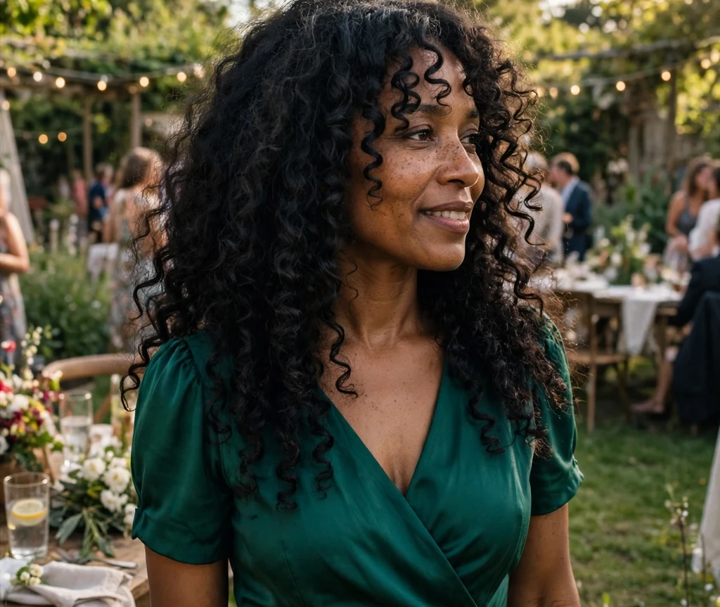 Woman with curly curtain bangs and long voluminous curls at a garden party