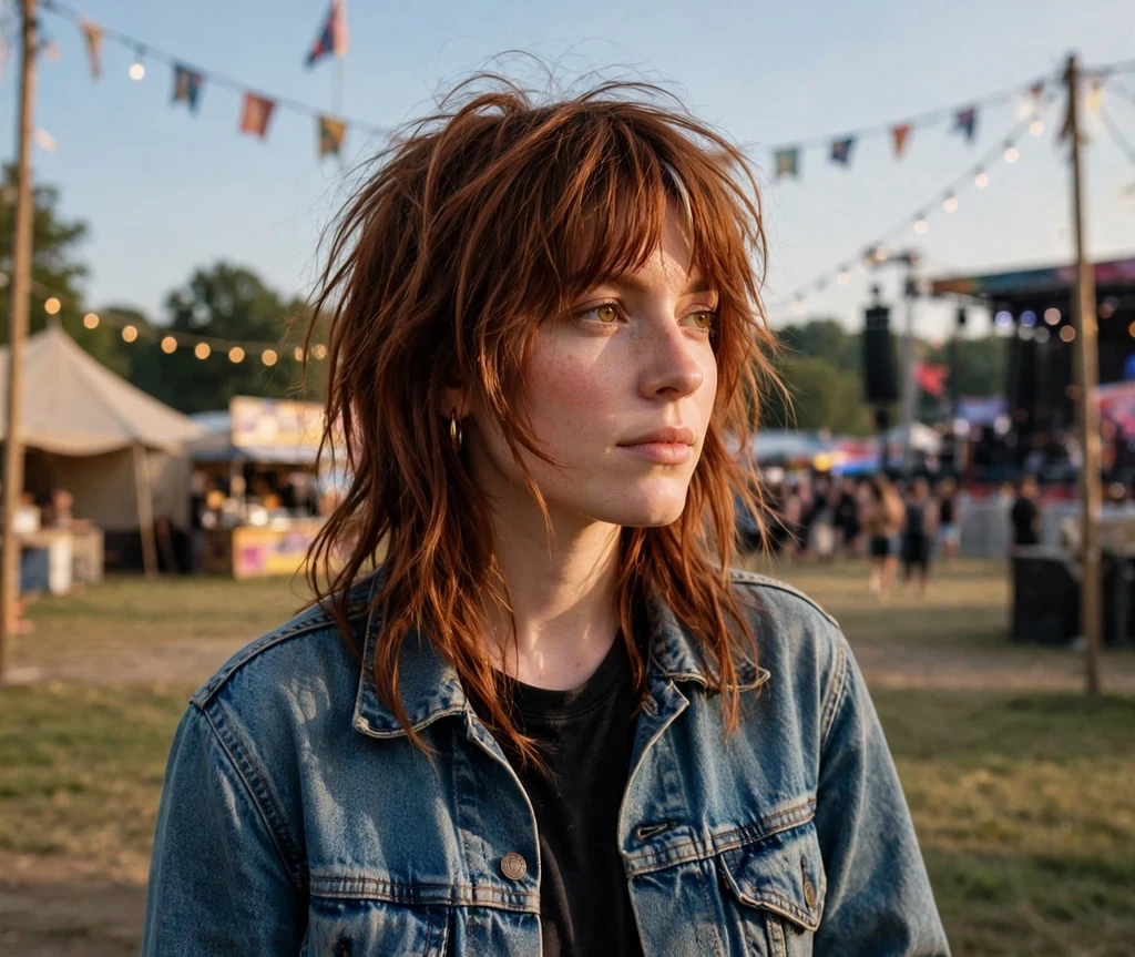 Woman with shaggy curtain bangs and choppy auburn layers at a music festival