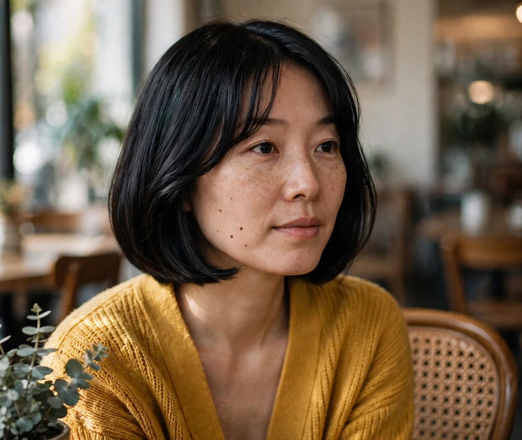 Woman with curtain bangs on a classic blunt black bob in a café