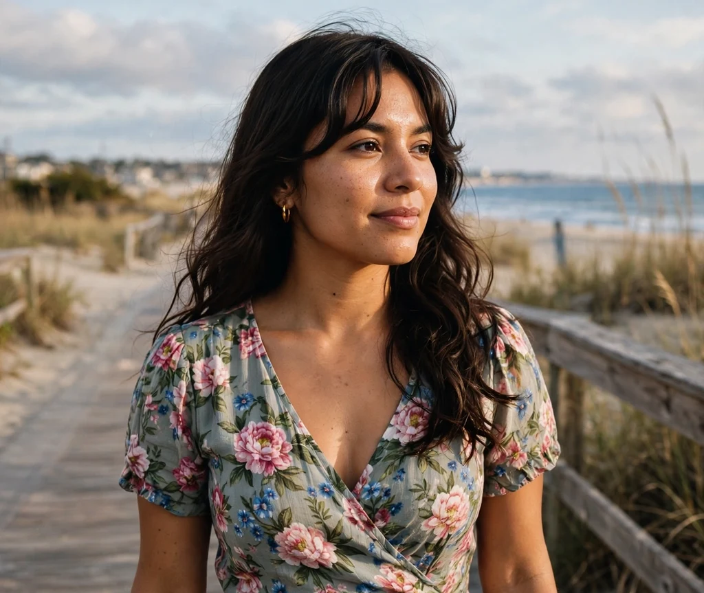 Woman with soft side parted curtain bangs and loose waves on a beach boardwalk