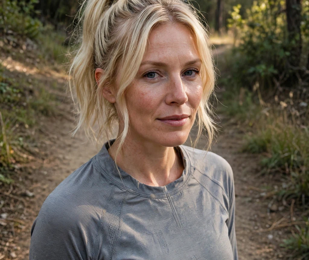 Woman with curtain bangs and a high blonde ponytail on a running trail