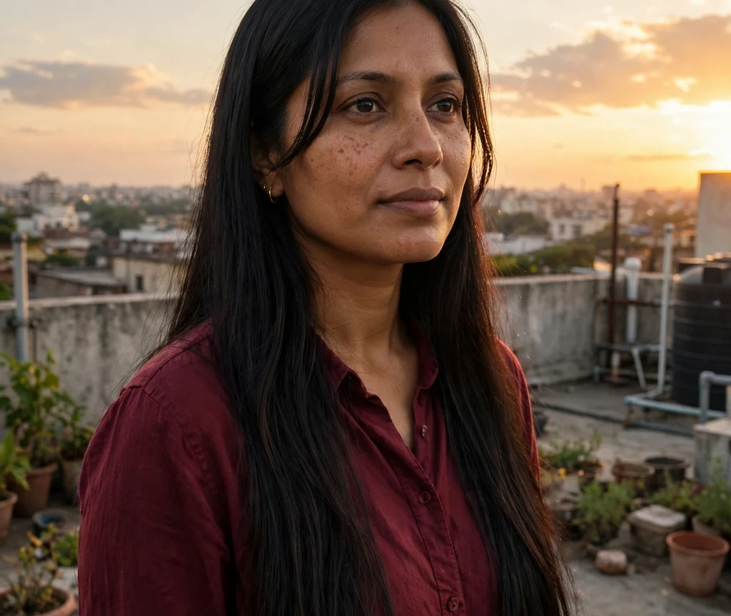 Woman with long curtain bangs on silky straight black hair at sunset on a rooftop