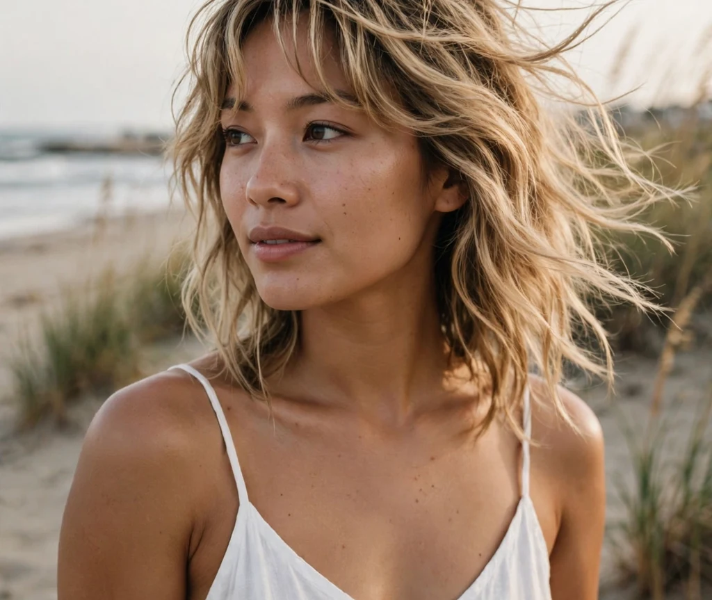 Woman with beachy curtain bangs and tousled sandy blonde waves at the beach