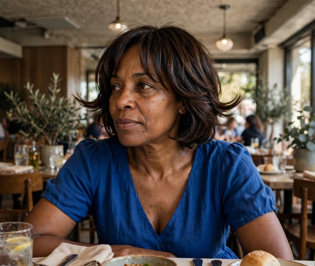 Woman with a layered lob and flipped curtain bangs in a restaurant