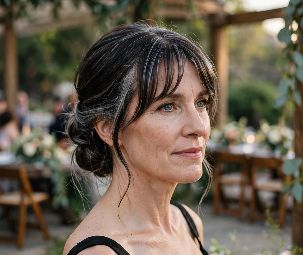 Woman with curtain bangs and an elegant low bun at a wedding venue