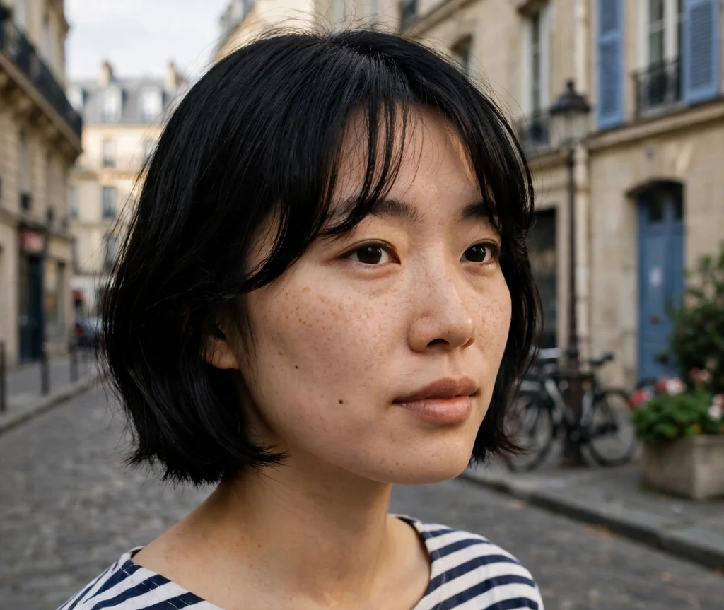 Woman with curtain bangs on a French black bob on a Paris style street