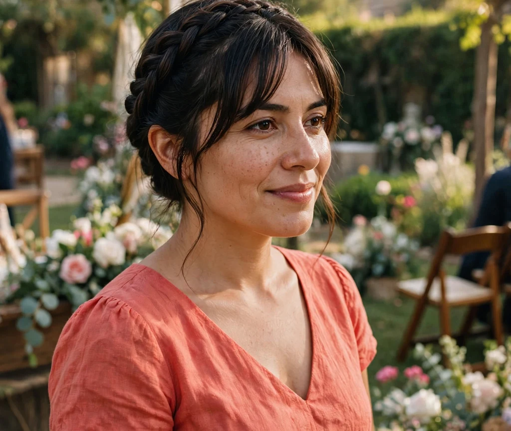 Woman with curtain bangs and a braided crown updo at a garden wedding