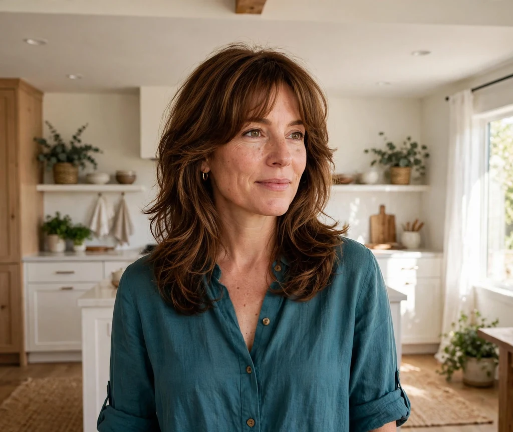 Woman with soft curtain bangs and voluminous chestnut layered hair at home