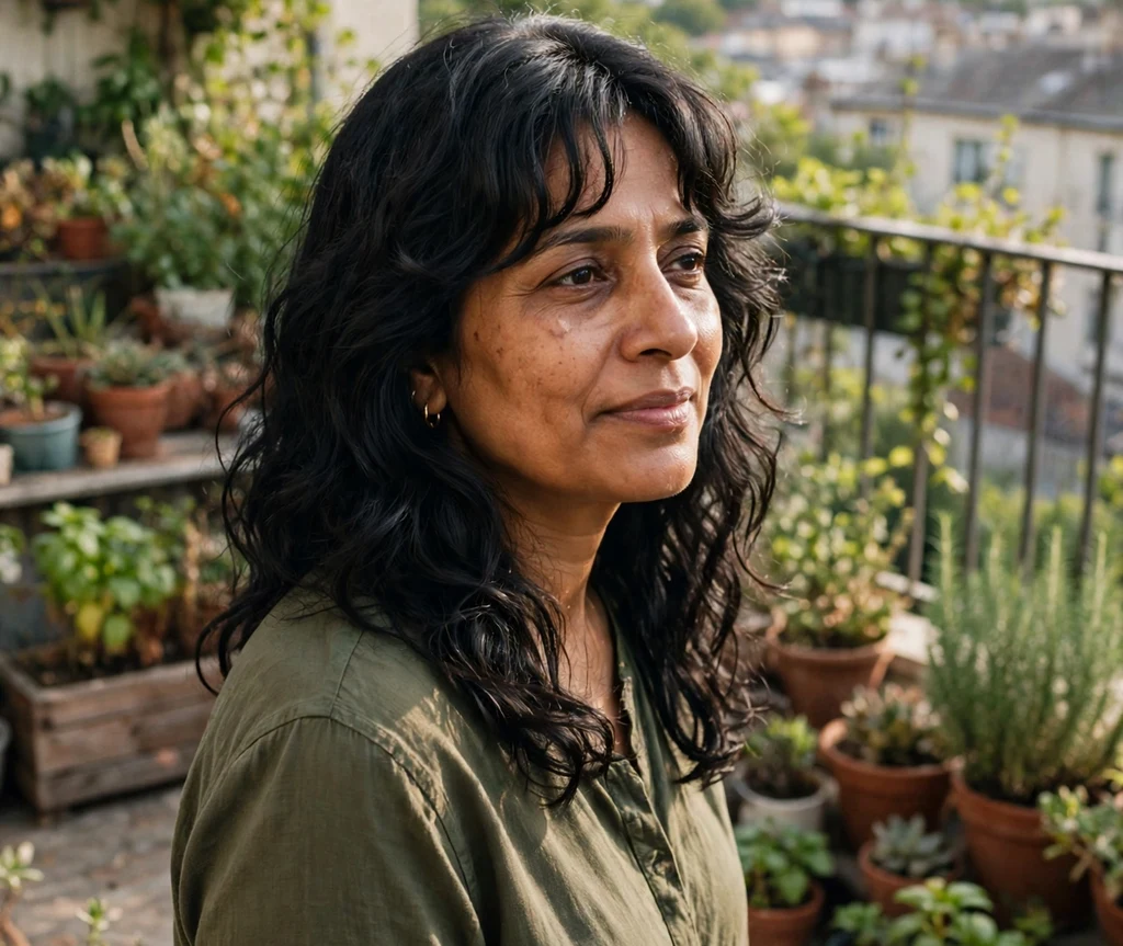 Woman with curtain bangs on thick wavy black hair in a terrace garden