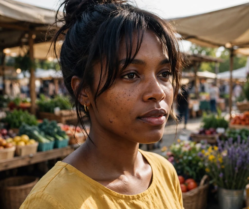 Woman with curtain bangs and a messy bun at a farmers market