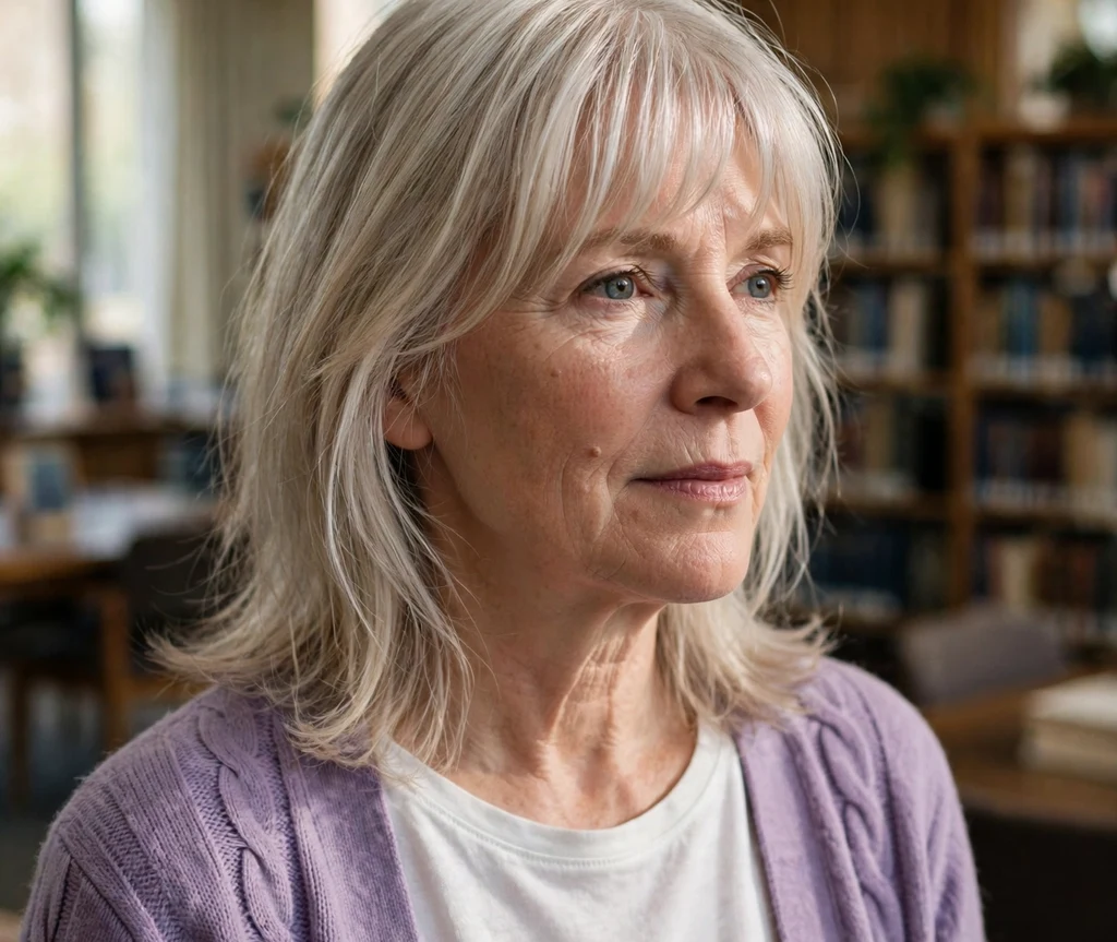 Woman with airy curtain bangs on fine thin silver blonde hair in a library