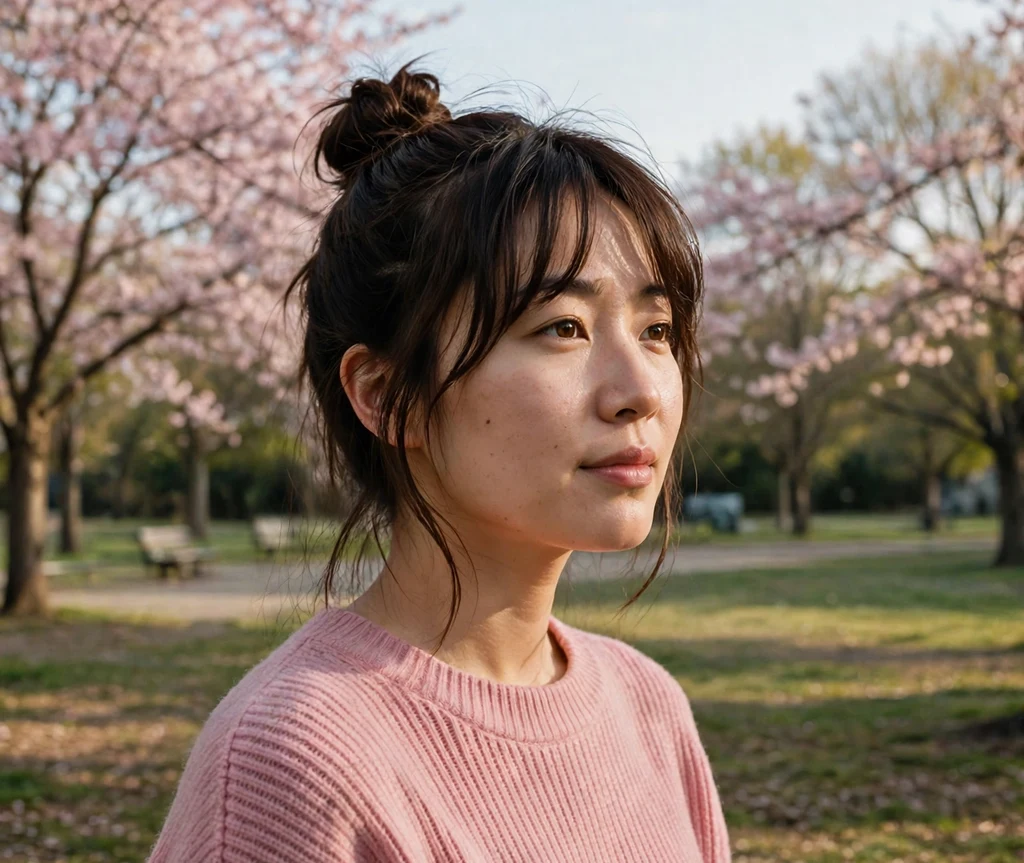 Woman with curtain bangs and a half up top knot in a cherry blossom park