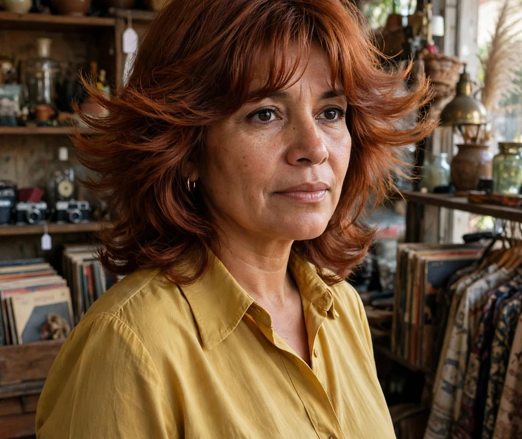 Woman with retro 70s feathered curtain bangs in a vintage shop