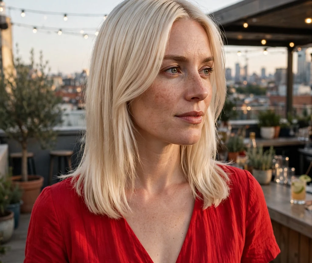 Woman with curtain bangs on a sleek straight platinum blonde lob at a rooftop bar