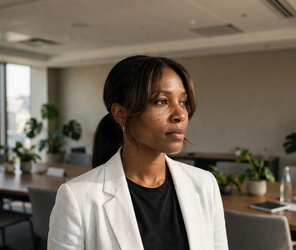 Woman with curtain bangs and a low black ponytail in a conference room