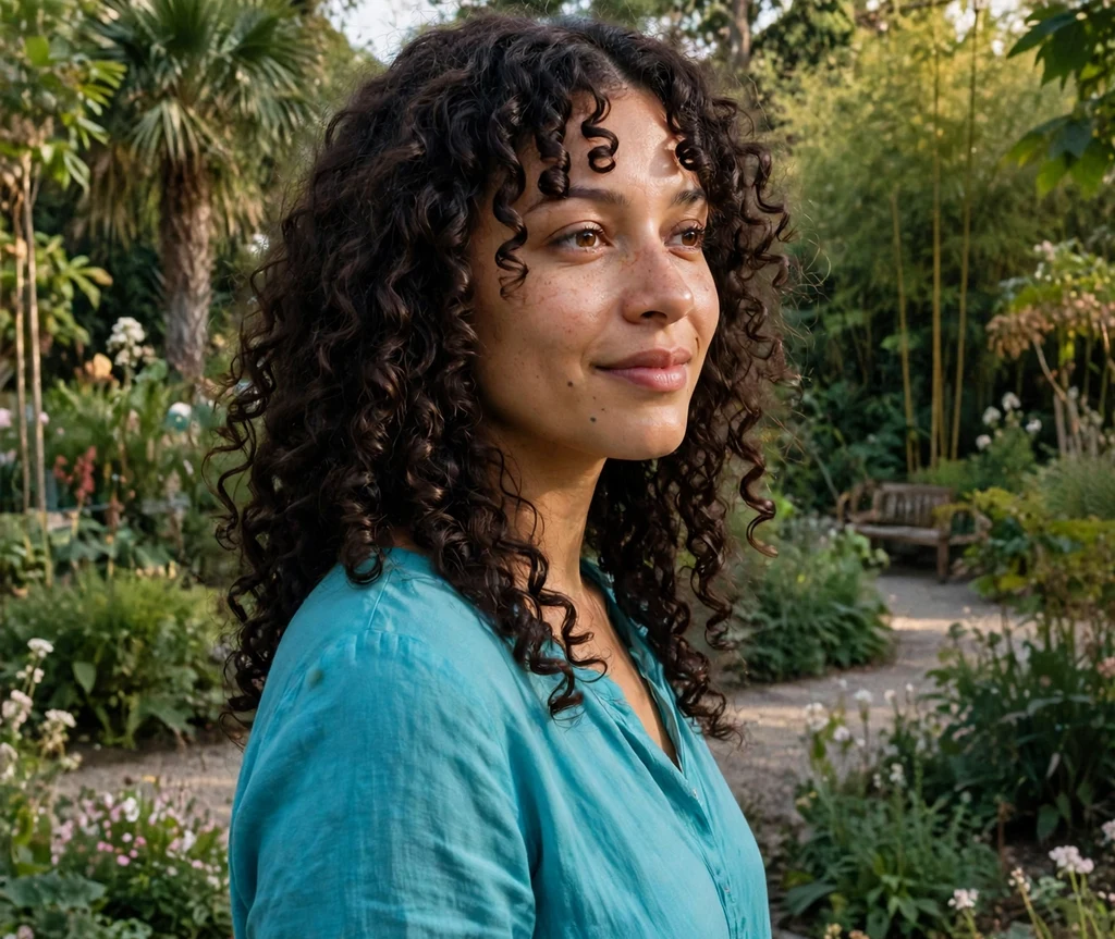 Woman with curly curtain bangs and defined dark brown ringlet curls in a botanical garden