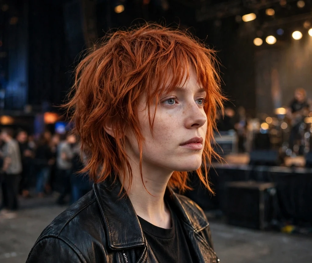 Woman with textured curtain bangs on a choppy copper red shag at a concert venue