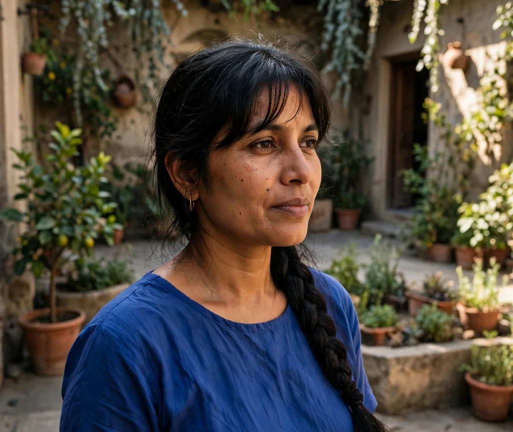 Woman with curtain bangs and a long black side braid in a courtyard