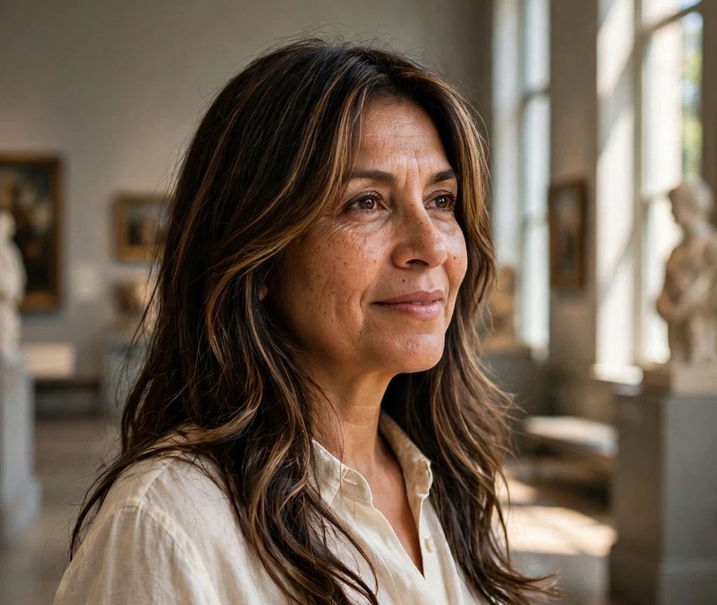 Woman with long curtain bangs and caramel face framing layers in a museum
