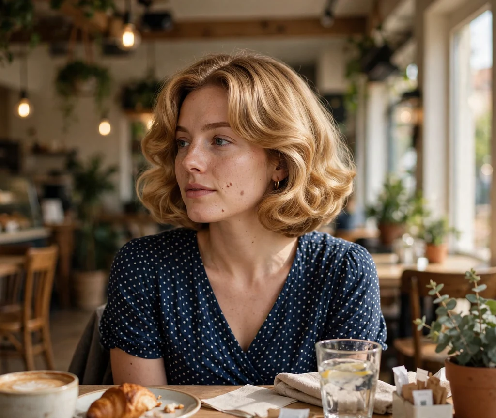 Woman with curtain bangs on a bouncy honey blonde blowout bob in a café