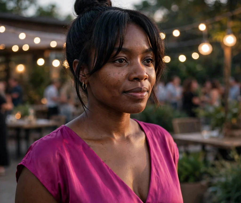 Woman with curtain bangs and a high black bun at an evening event