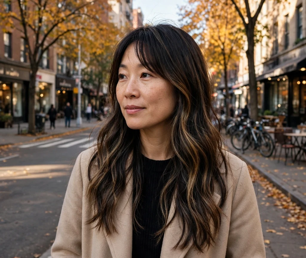 Woman with curtain bangs and long dark brown balayage hair on an autumn city street