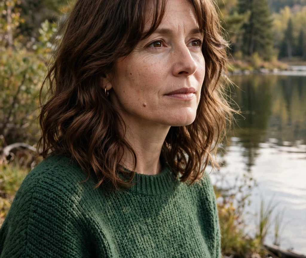 Woman with curtain bangs on wavy chestnut medium length hair by a lake