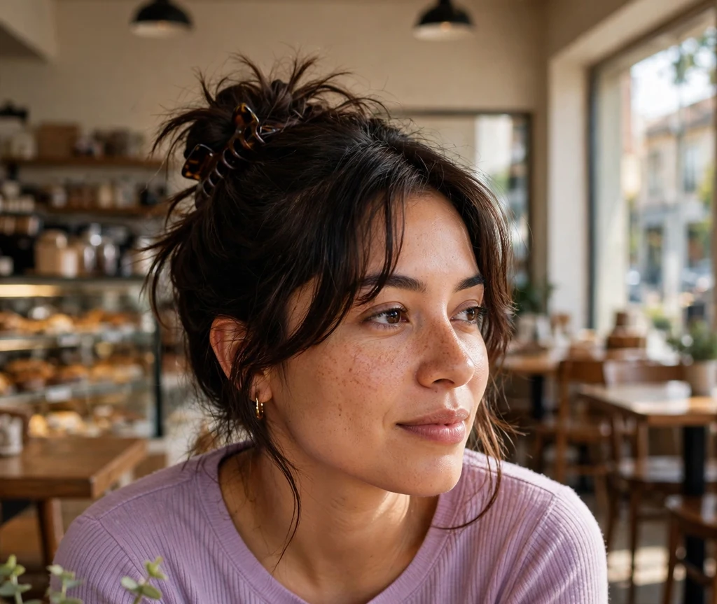 Woman with curtain bangs and a claw clip updo in a coffee shop
